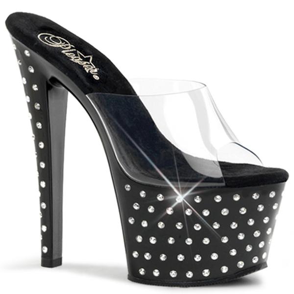 Sale STARDUST-701 Pleaser High-Heels Plateaupantoletten klar schwarz mit Strass besetzt 35