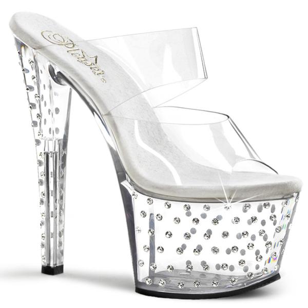 STARDUST-702 Pleaser high heels platform two band slide transparent with rhinestones