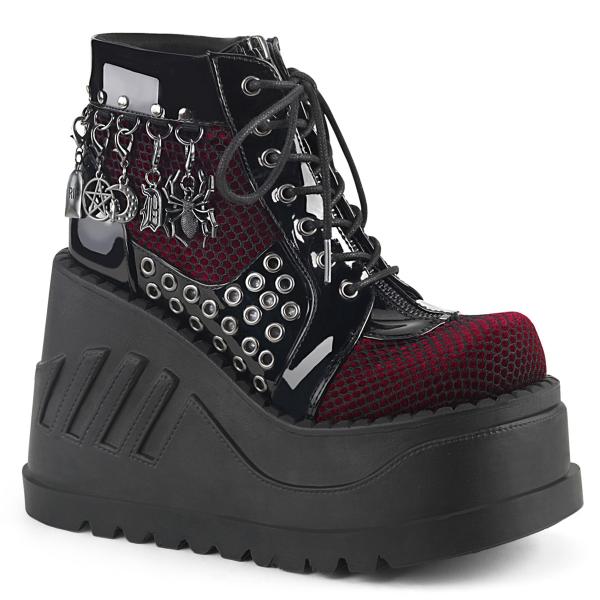 STOMP-18 DemoniaCult wedge platform bootie black patent burgundy velvet