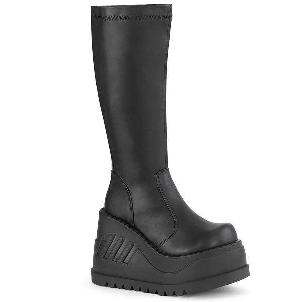 Sale STOMP-200 DemoniaCult Damen kniehohe Stretch Plateaustiefel Keilabsatz schwarz Lederoptik 41