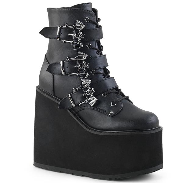 SWING-103 DemoniaCult Keilplateau Stiefeletten schwarz Lederoptik Fledermausschnallen