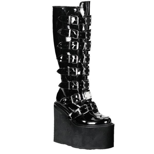 SWING-815 DemoniaCult Gothic Punk Gogo Keilplateaustiefel schwarz Lack 16 Schnallen
