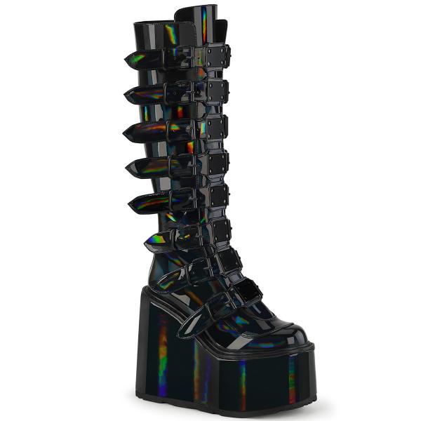 SWING-815 DemoniaCult Damen Gothic Punk Keilplateaustiefel schwarz Hologramm Lack 16 Schnallen