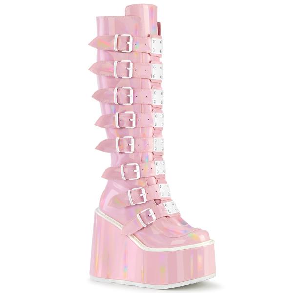 SWING-815 DemoniaCult Damen Gothic Punk Keilplateaustiefel babypink Hologramm Lack