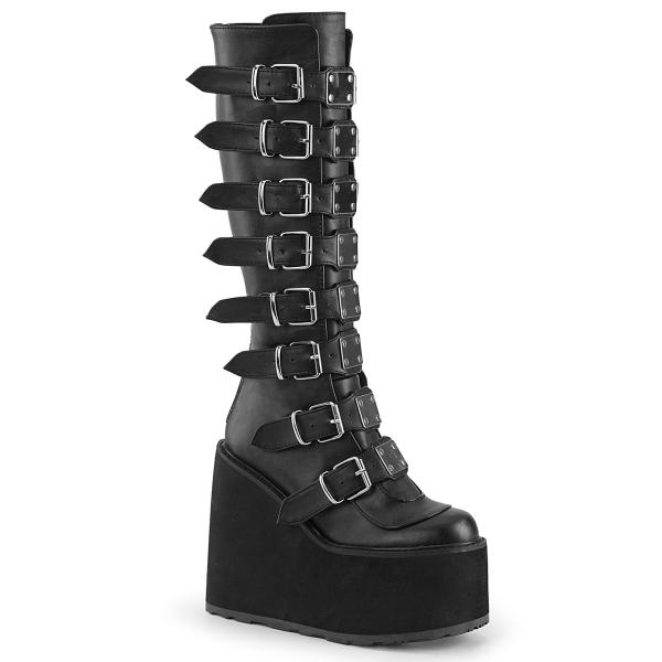 Sale SWING-815 DemoniaCult wedge platform boots black vegan leather 16 buckles 39