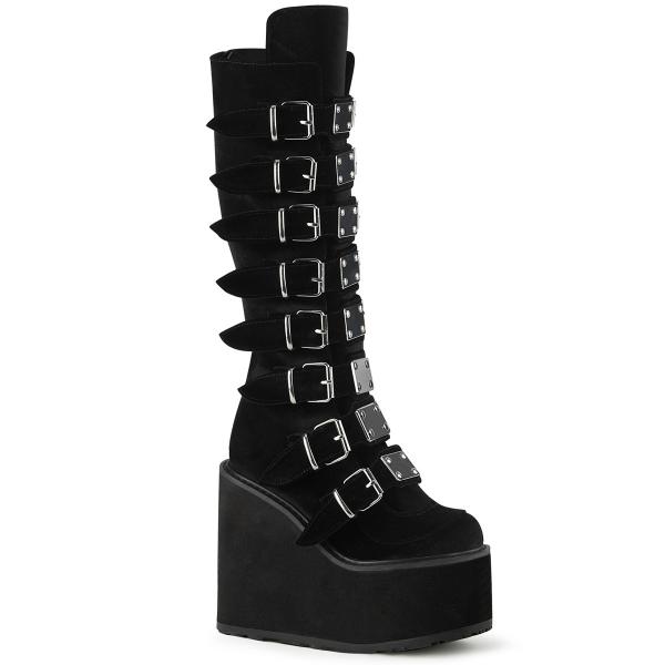 SWING-815 DemoniaCult Damen Gothic Punk Keilplateaustiefel schwarz Samt 16 Schnallen