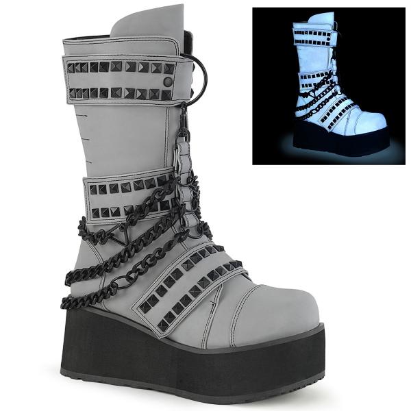 TRASHVILLE-138 DemoniaCult platform mid-calf boot ring chain pyramid studded grey multi reflective matte