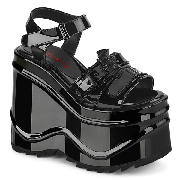 Sale WAVE-13 DemoniaCult vegane Keilplateau Sandaletten schwarz Lack Fledermausschnalle 39