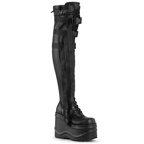 WAVE-315 DemoniaCult vegan wedge platform stretch thigh high boot black matte
