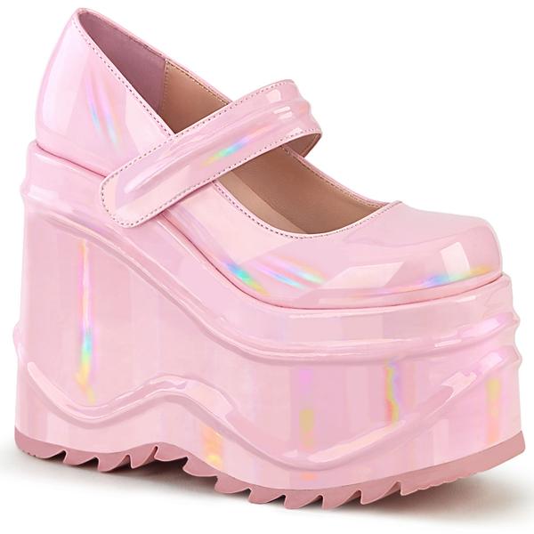 WAVE-32 DemoniaCult Damen Keilplateau Pumps Klettverschluss babypink Hologramm