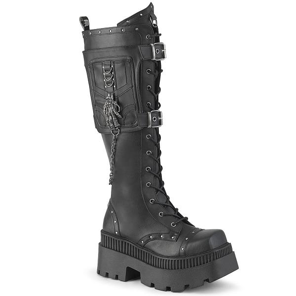 WRATH-205 DemoniaCult kniehohe Plateaustiefel Seitentasche Ketten Nieten Totenkopfhand schwarz Matt