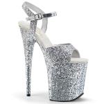 Sale FLAMINGO-810LG Pleaser High-Heels Plateausandaletten silber mit Glitter rundum 38