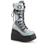 Sale SHAKER-70 DemoniaCult vegane halbhohe Damen Keil-Plateau Schnür-Stiefel Spikes silber Hologramm Lederlook 38